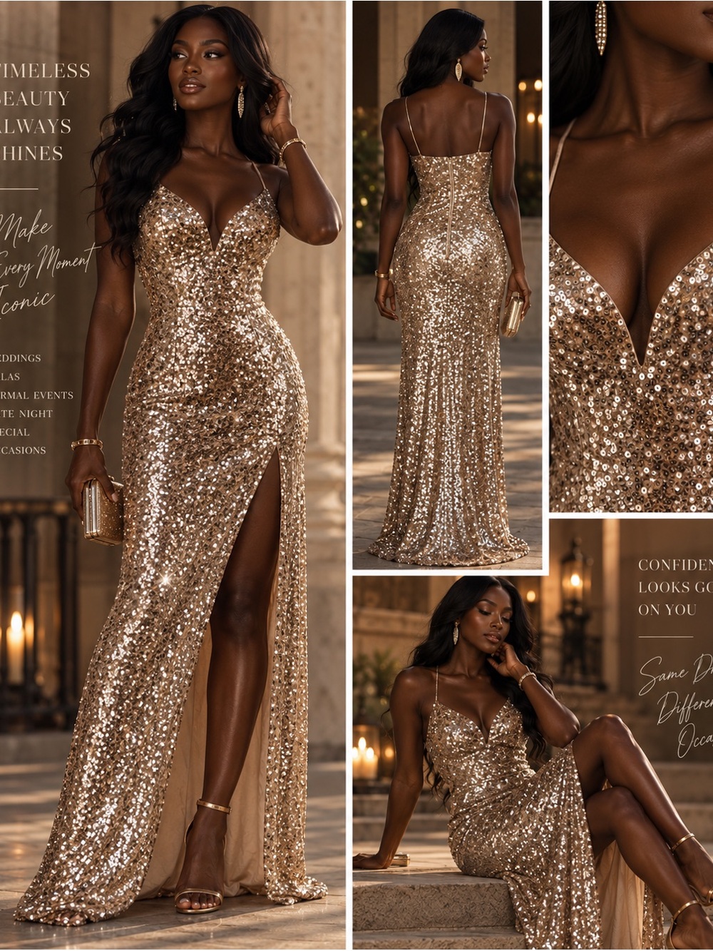 B. Smart Rose Gold Sequin Prom Gown Size 11/12 V Neck High Slit Formal